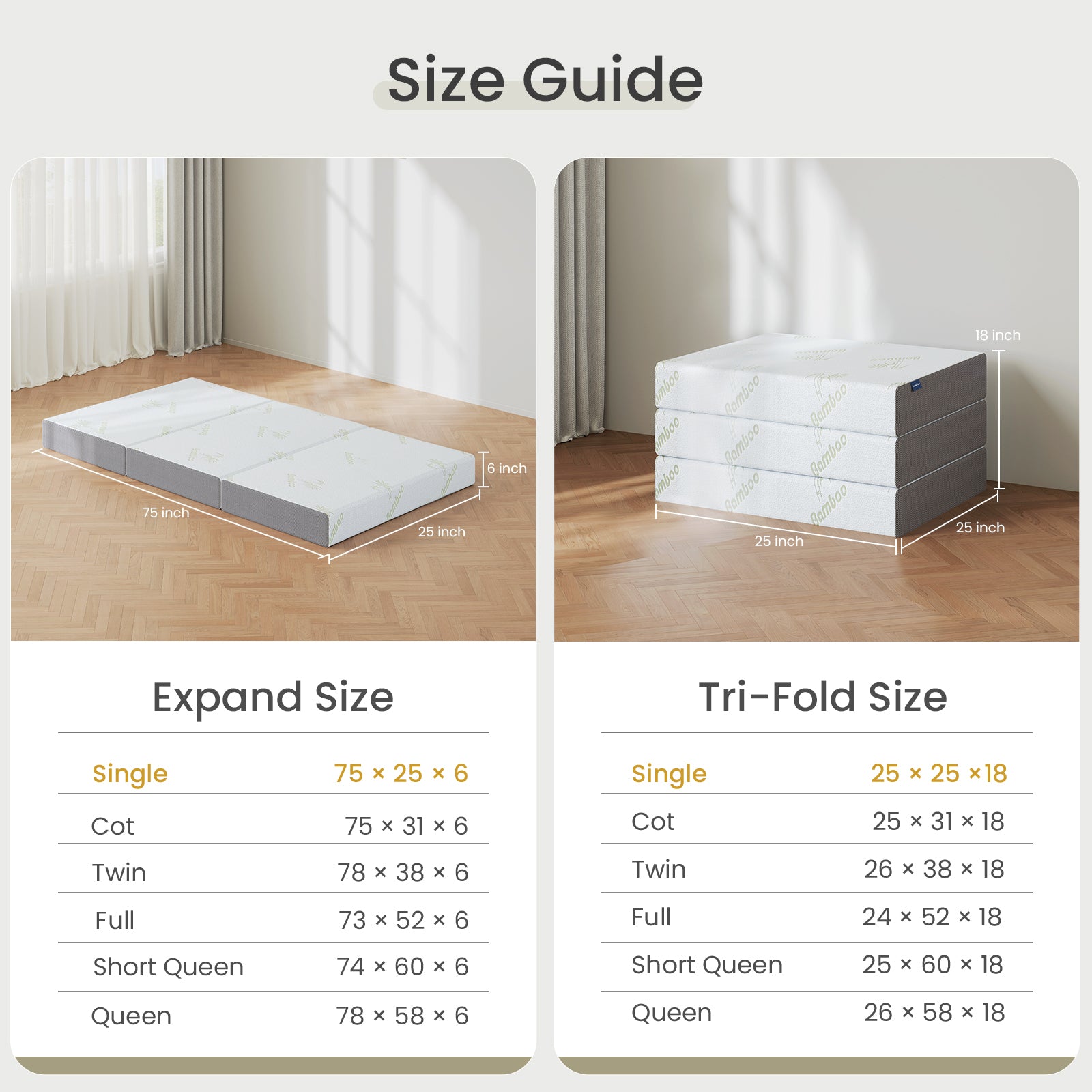 Popiee Folding Mattress, 6 Inch Trifold Memory Foam Mattress with Ultra Soft Removable Cover