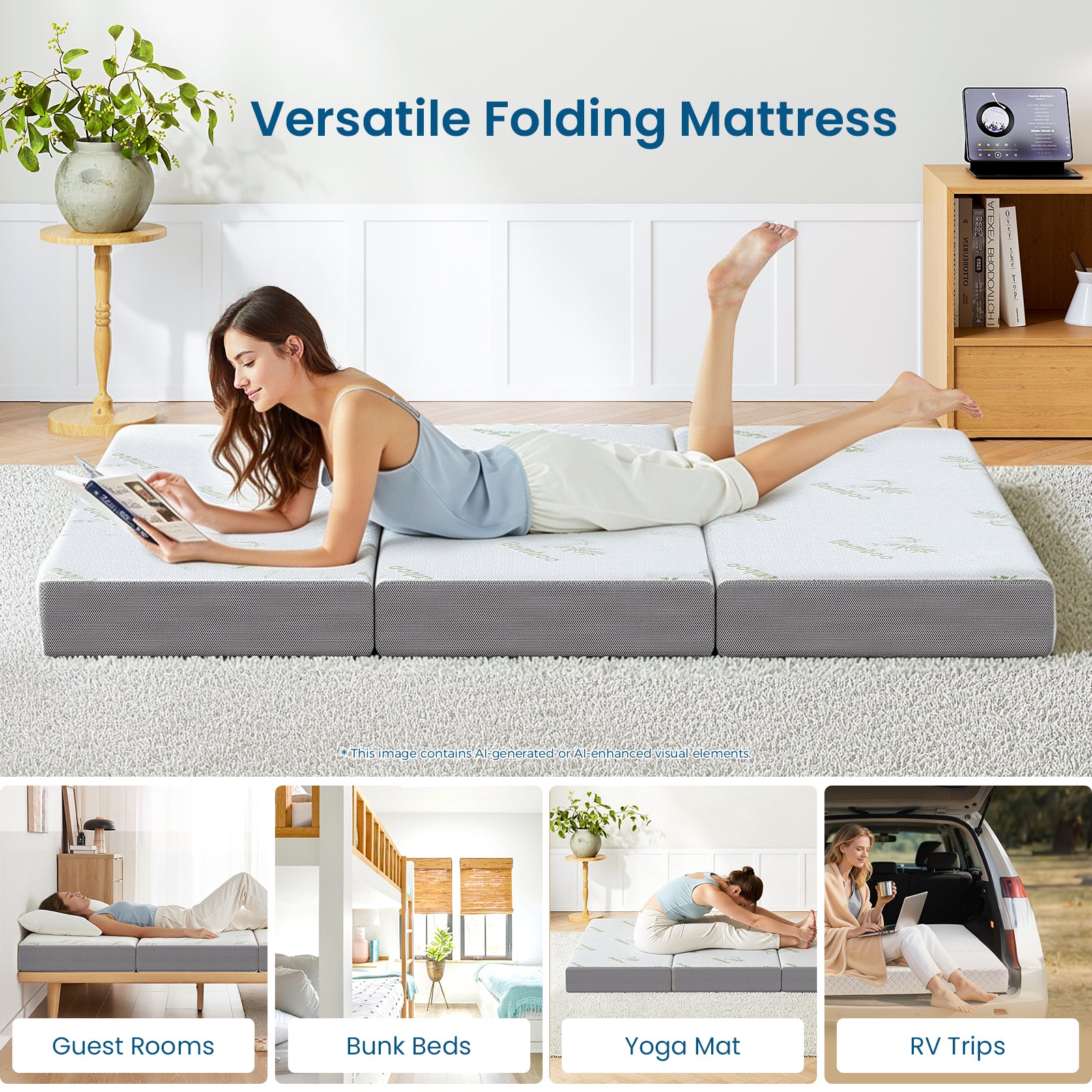 Popiee Folding Mattress, 6 Inch Trifold Memory Foam Mattress with Ultra Soft Removable Cover